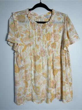 Rose + Olive Womens 1X Floral Blouse Pleated Ruffle Neck Flutter Sleeve Boho Top